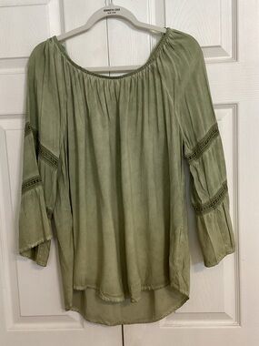 Kenneth Cole Olive Green Peasant Blouse with Lace-Trim Sleeves